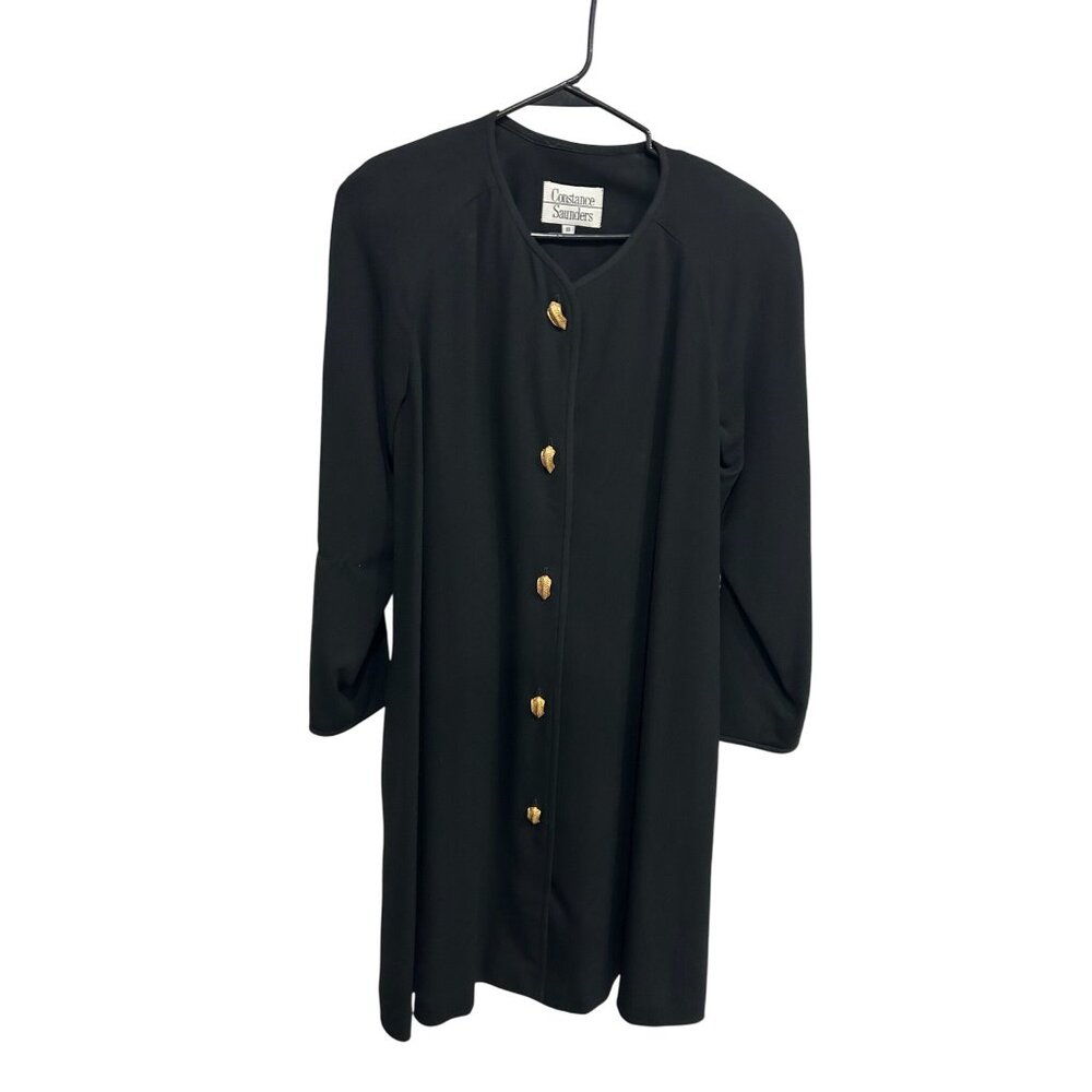 Vintage Constance Saunders Button Front Long Coat Dress Black Sz 8 Formal